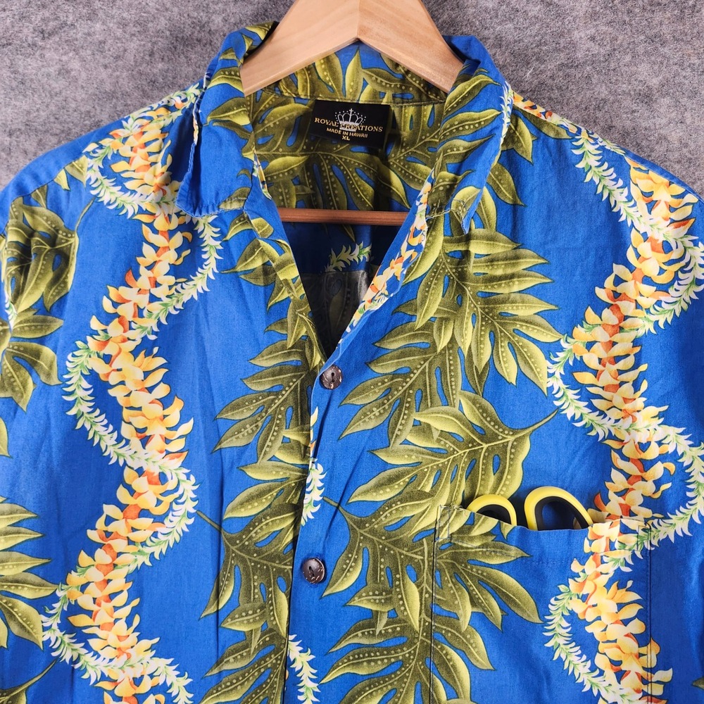 Royal Creations Hawaiian Shirt‎ Men XL Blue Cotton Monstera Leaf Floral Lei VTG